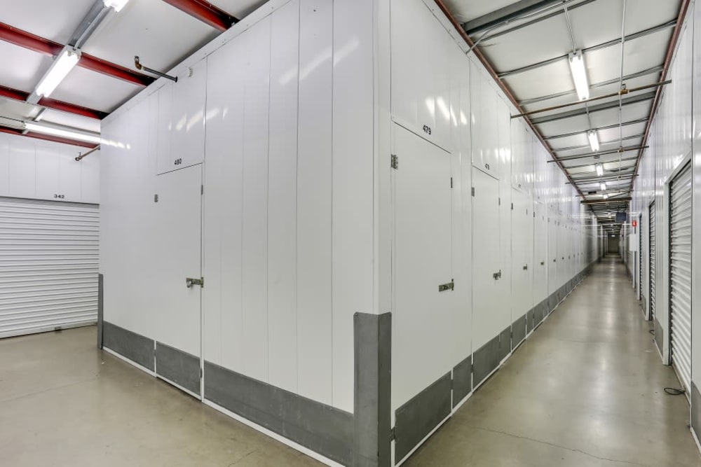A row of indoor storage units at A-1 Self Storage in Santa Ana, California