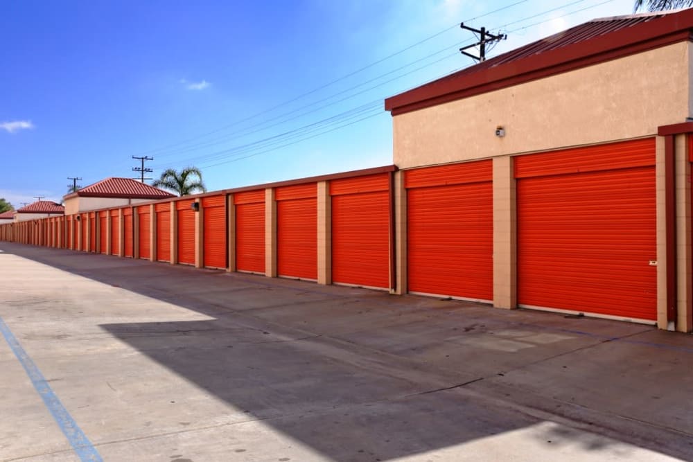 A row of outdoor storage units at A-1 Self Storage in Fullerton, California