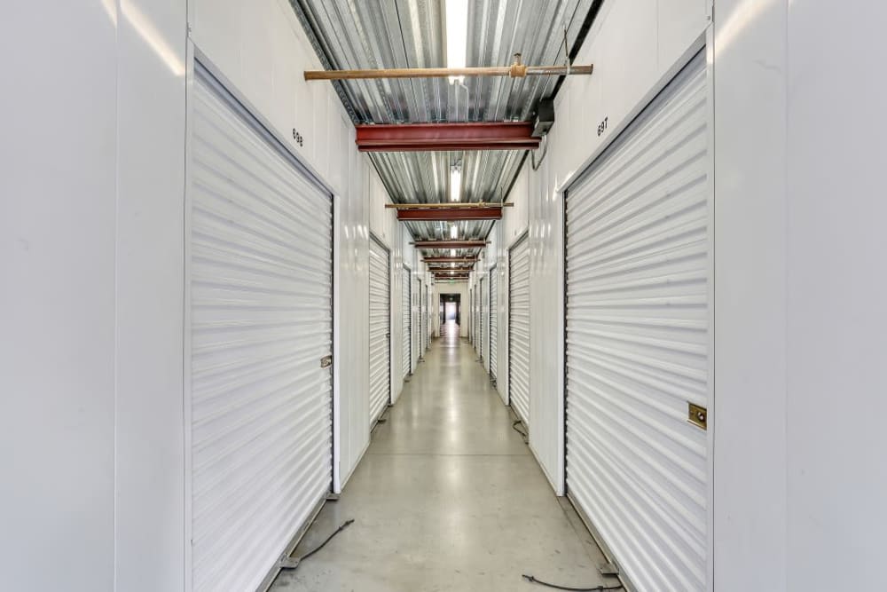 A row of indoor storage units at A-1 Self Storage in Paramount, California