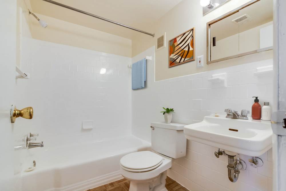 Bright bathroom with bathtub and vanity at Parkway Apartments in Temple Hills, Maryland