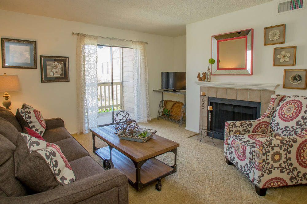 Bright living room at Cedar Glade Apartments in Tulsa, Oklahoma