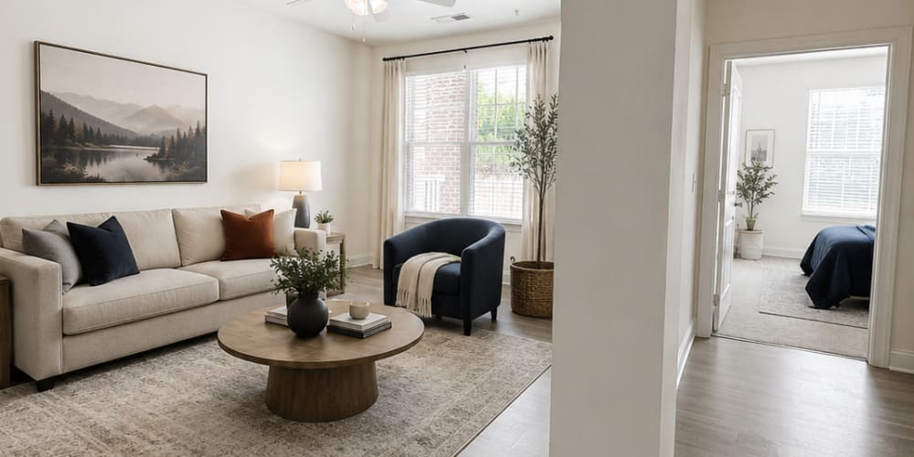 Furnished living room at Gateway at Rock Hill in Rock Hill, South Carolina