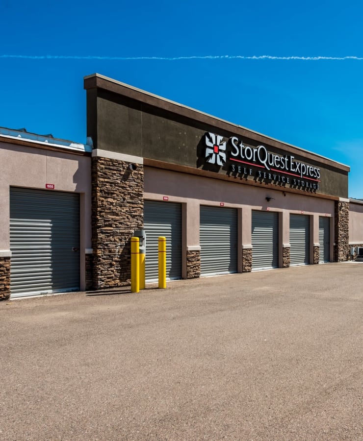 Outdoor drive-up storage units at StorQuest Express Self Service Storage in Gilbert, Arizona