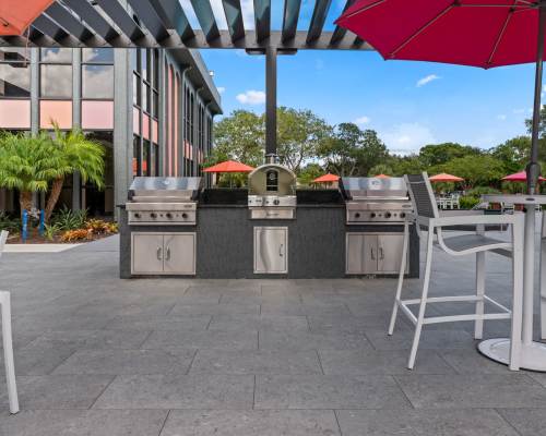 Patio with barbeque stations at Delamar Apartment Homes, Sunrise, Florida