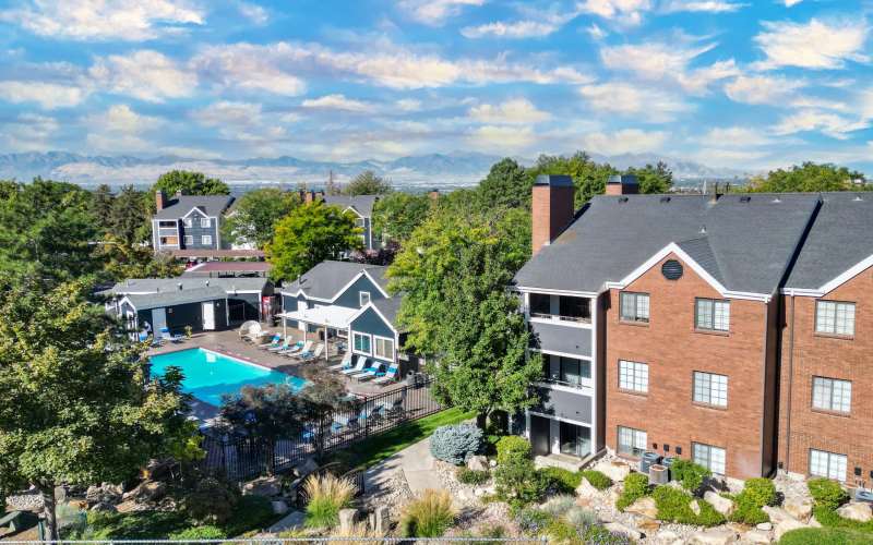 An aerial view of the property at Royal Ridge Apartments in Midvale, Utah