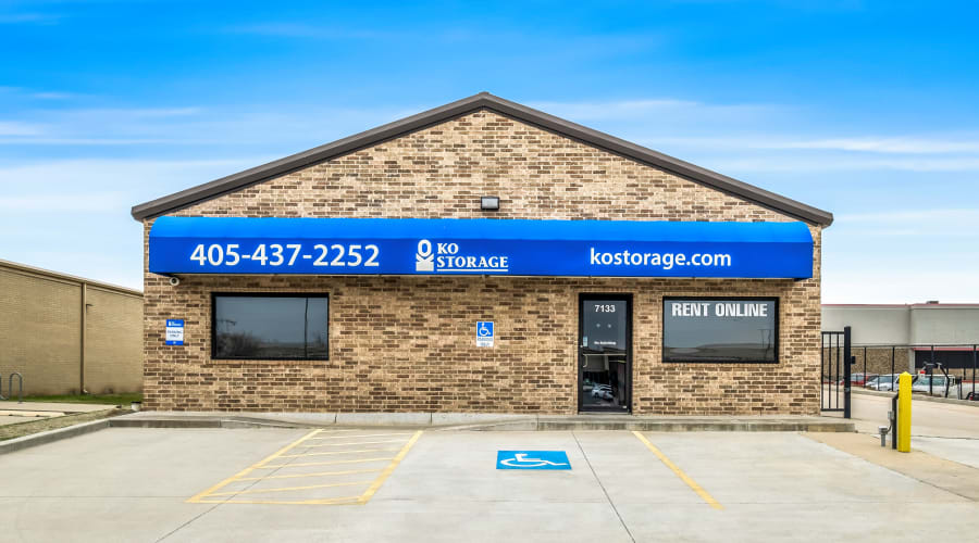Storage units with blue doors and locks at KO Storage in Bethany, Oklahoma