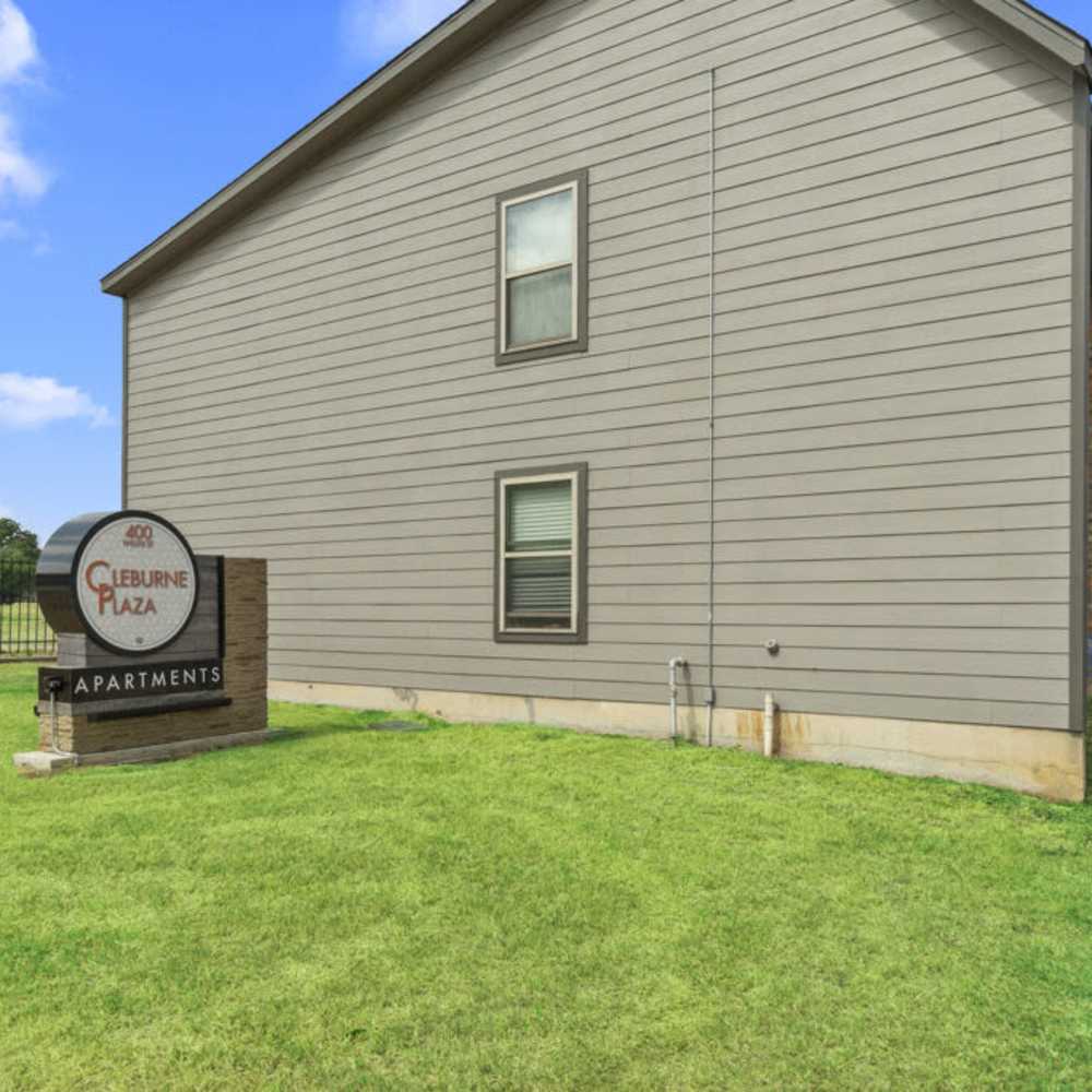 Property signage board at Cleburne Plaza in Cleburne, Texas