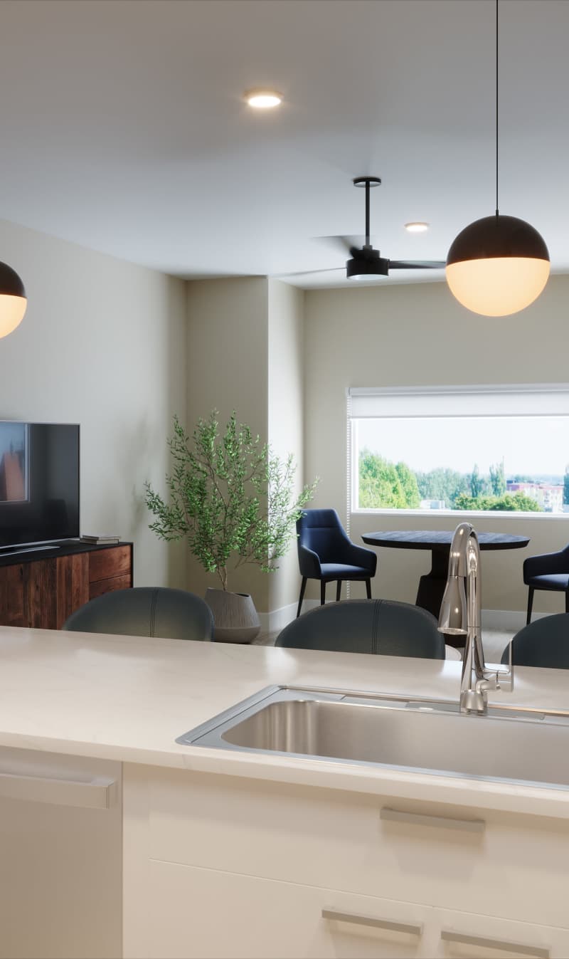 Kitchen with pendant lighting at Stone Village Apartments in Reno, Nevada