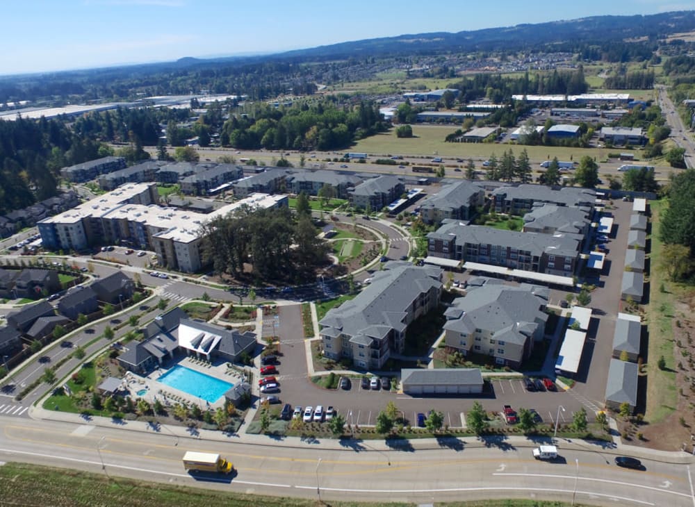 Aerial view of Terrene at the Grove and the surrounding area in Wilsonville, Oregon