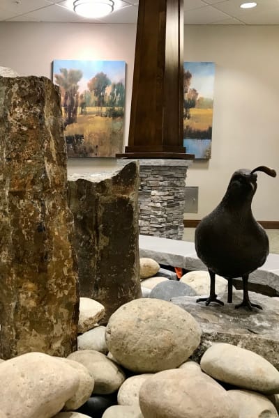 Indoor fountain with a quail statue on it at Quail Park at Shannon Ranch in Visalia, California