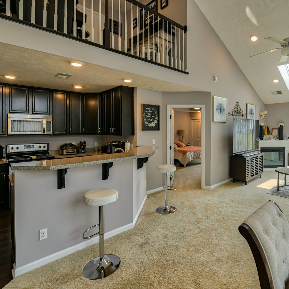 Kitchen with counter and bar stools at Clinton Lake, Clinton, Pennsylvania