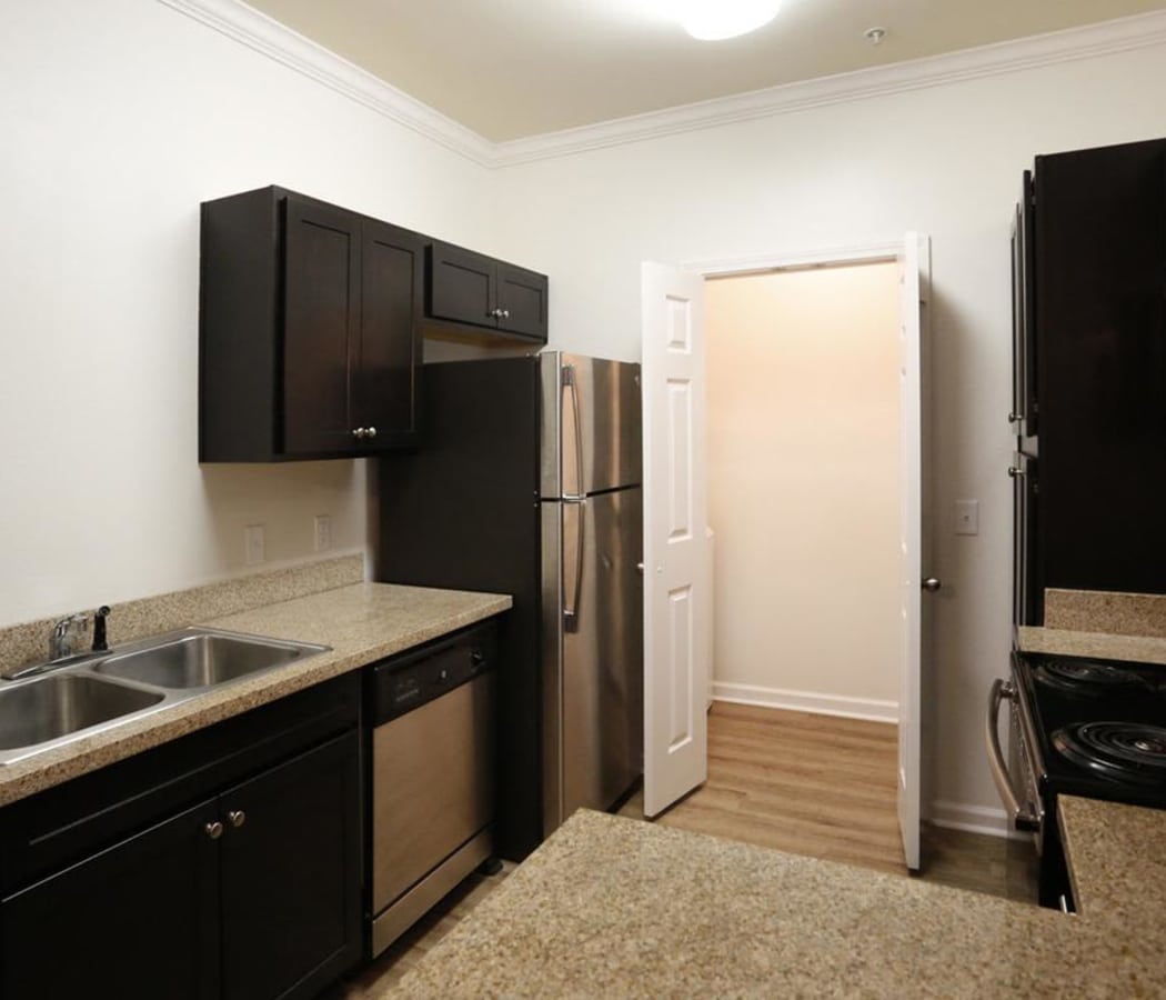 Modern kitchen with sleek black appliances in model home at Camden Lake Apartments in Baton Rouge, LA