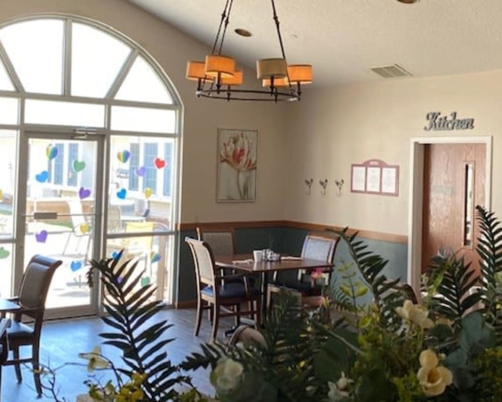 Large resident dining room at Liberty Court in Dixon, Illinois.