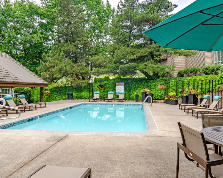 Swimming pool area with chaise lounge chairs at Sofi Lake Oswego in Lake Oswego, Oregon