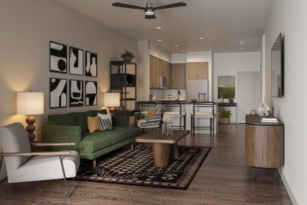 Rendering of living room with high ceilings at Alexan Park West in Peoria, Arizona