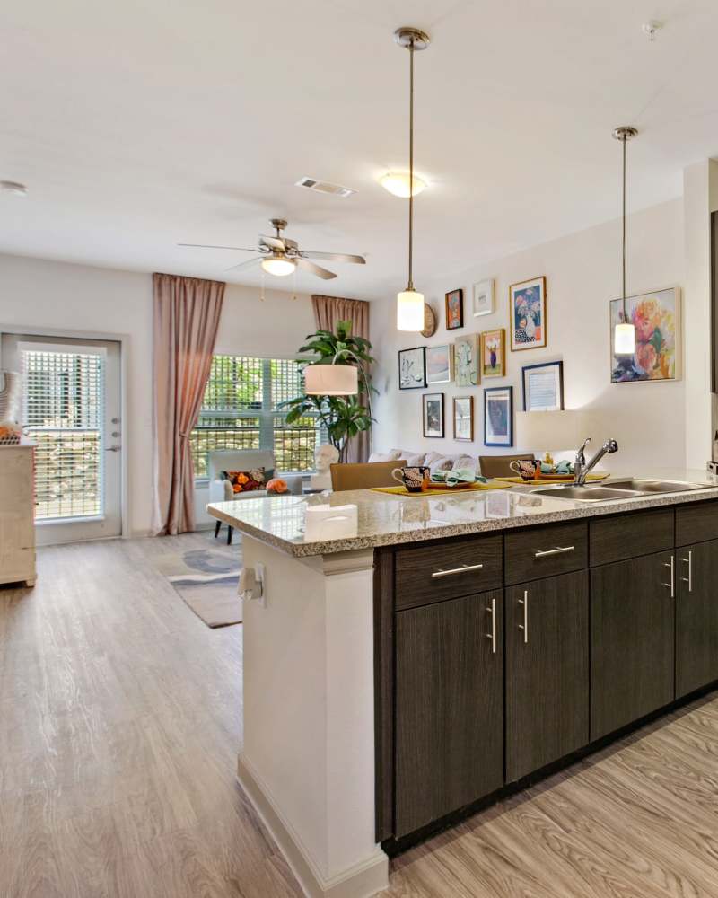 A stylish island kitchen at Sadler House in San Marcos, Texas