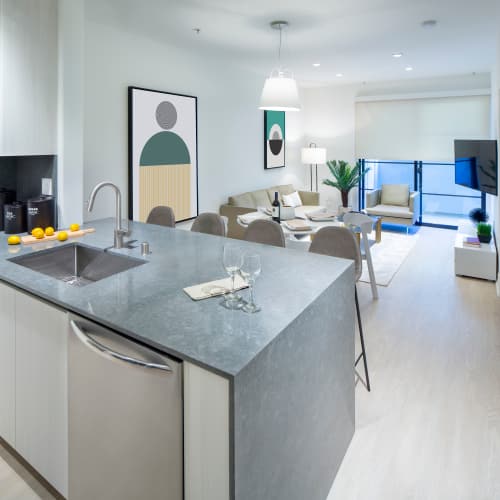 Kitchen and dining area at Luxe Villas in Brentwood, California