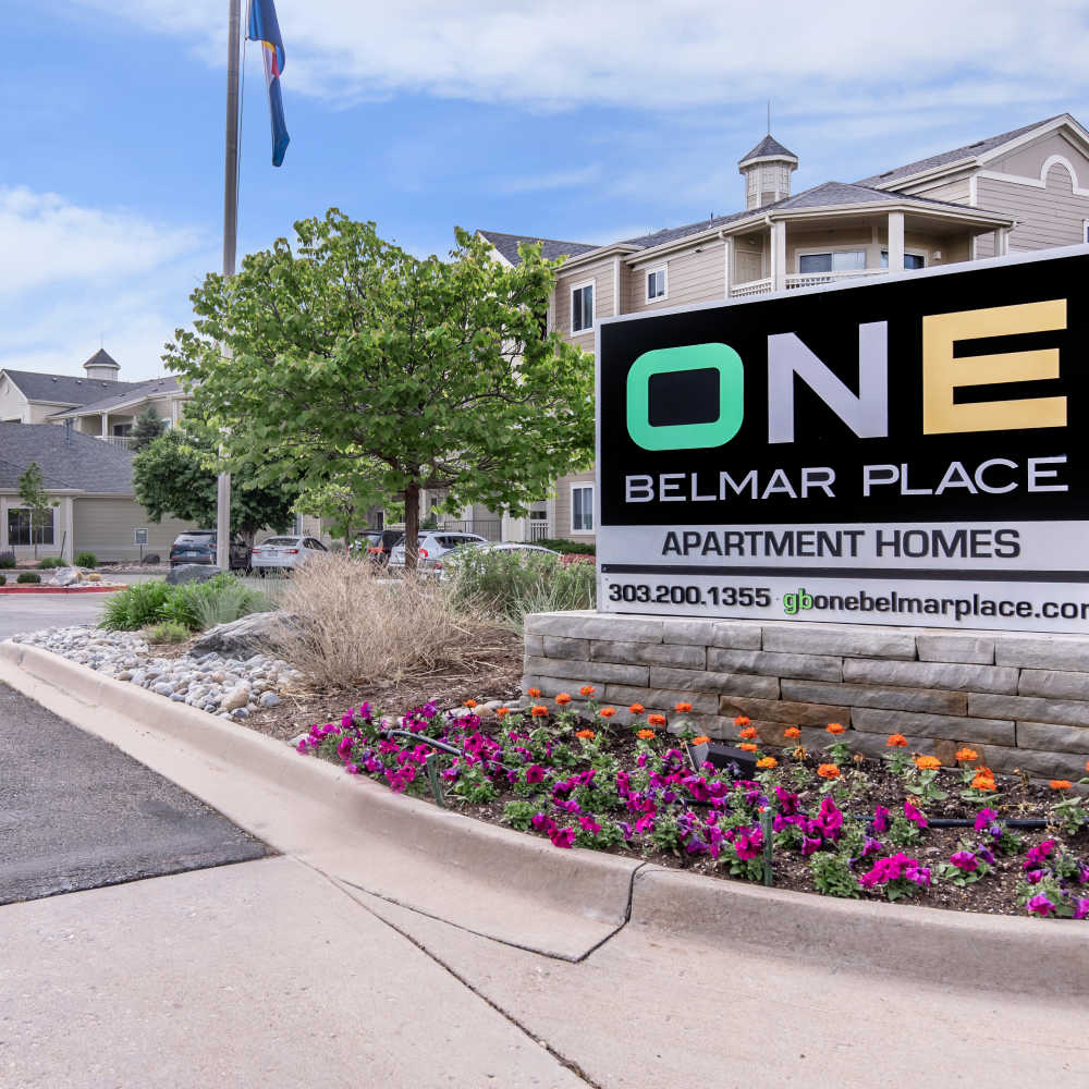 Community signage at One Belmar Place in Lakewood, Colorado