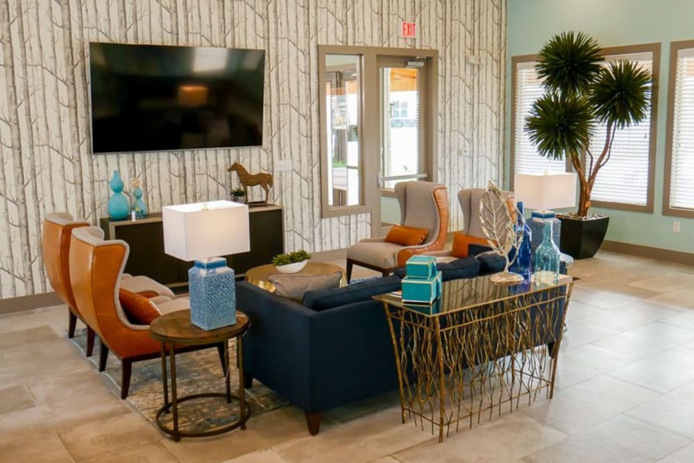 Seating area with a large flatscreen TV in the resident lounge at Biltmore at the Park in Pflugerville, Texas
