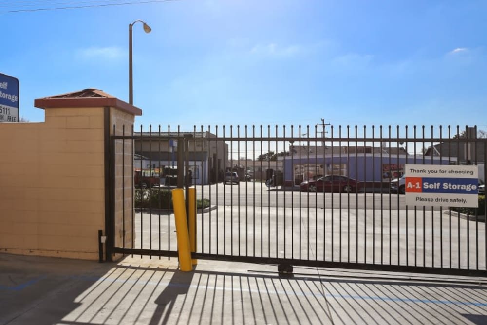 The gated entrance to A-1 Self Storage in Fullerton, California