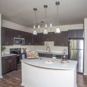 Kitchen with breakfast bar at Lakeside Villas in Baton Rouge, Louisiana