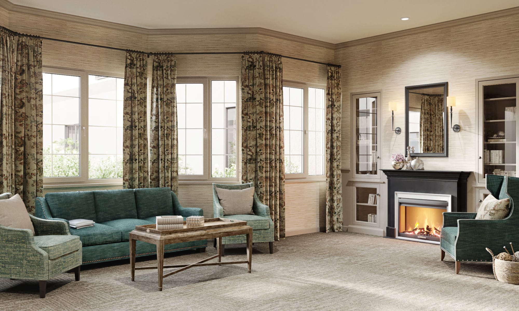 A beautiful living space with fireplace at Weatherly Court in Medford, Oregon