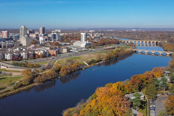 Aerial view of New Brunswick, New Jersey skyline and the river