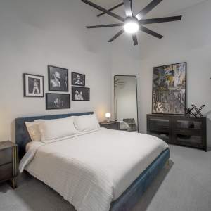 Stylish bedroom with modern decor and ceiling fan at American Can Apartments in New Orleans, Louisiana 