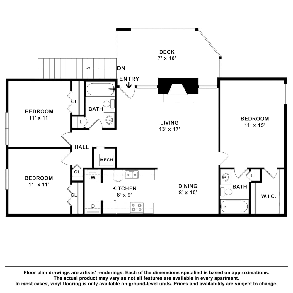 3x2 floor plan drawing at Pebble Creek Apartments in Antioch, Tennessee
