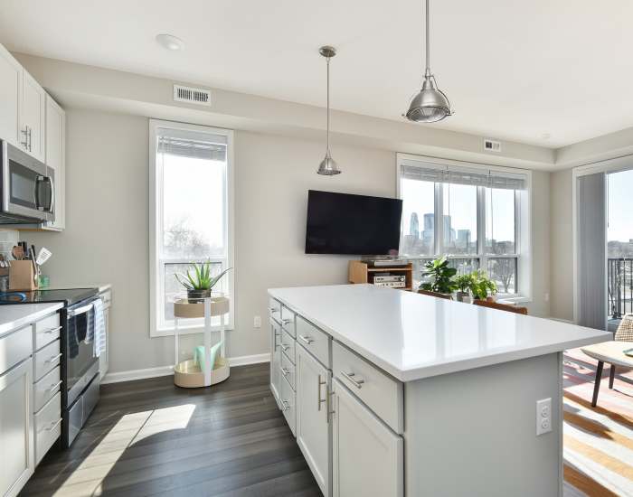 Comfortable of living space with large windows at Serene Apartments in Minneapolis, Minnesota