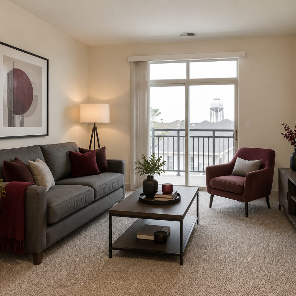 Spacious living room with a large window at Cudahy, Wisconsin at Layton Square