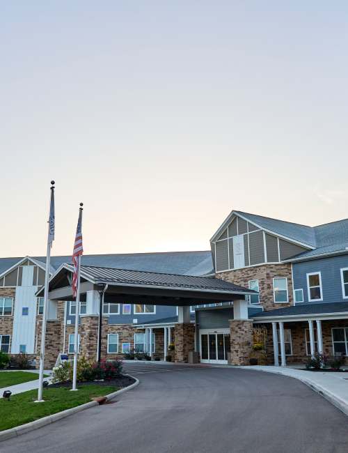 Entrance of apartment building at Harmony at Anderson in Cincinnati, Ohio