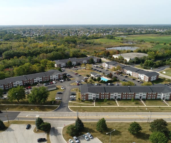 Aerial View of Property and Surrounding Area at West Line Apartments in Hanover Park, Illinois