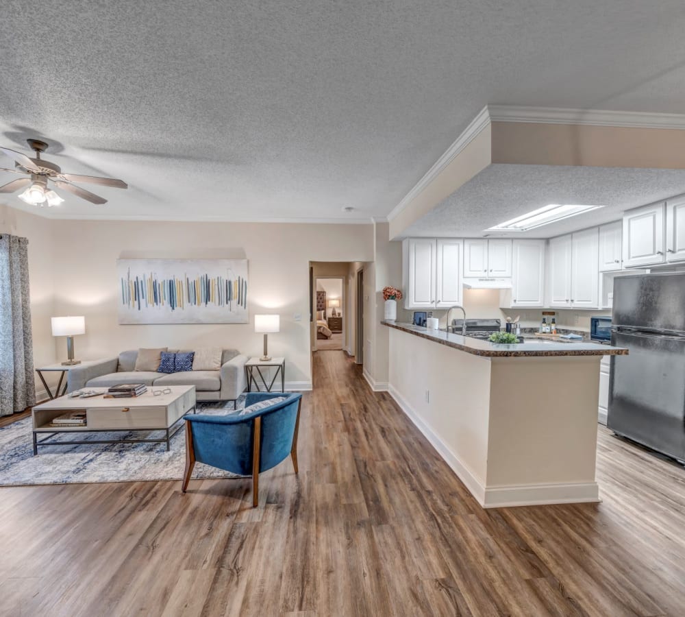 A furnished living room and kitchen at Adrian On Riverside in Macon, Georgia