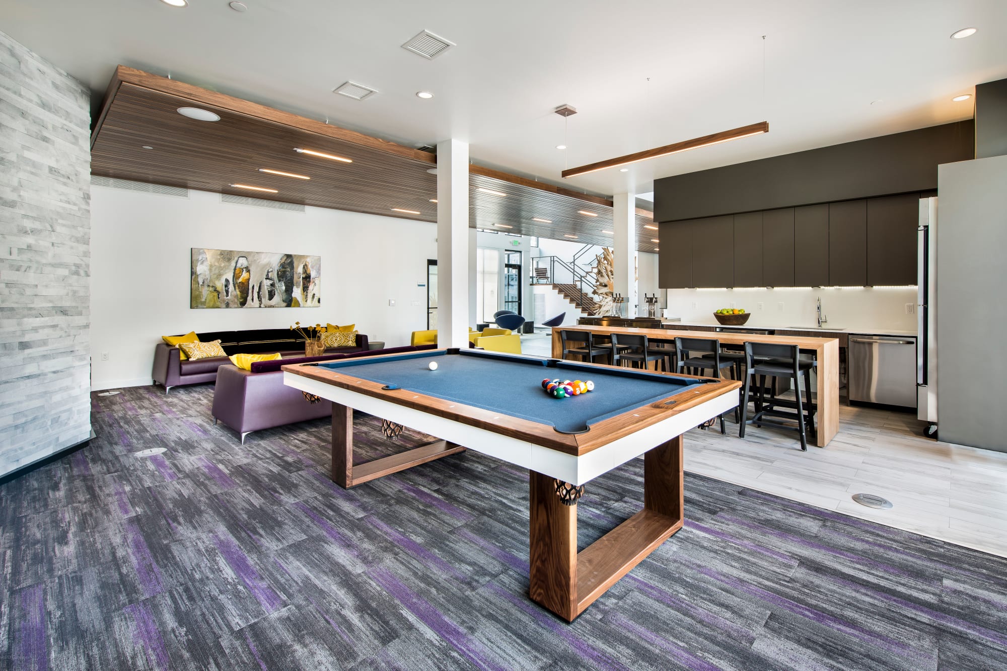 Billiards table in the resident lounge at Elevate in Englewood, Colorado