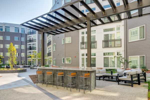 Outdoor seating area at Crossings at Olde Towne in Gaithersburg, Maryland