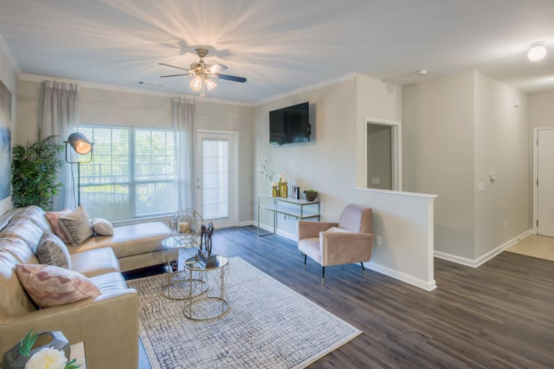 Open concept floor plan with hardwood floors and modern decor at The Vive in Kannapolis, North Carolina