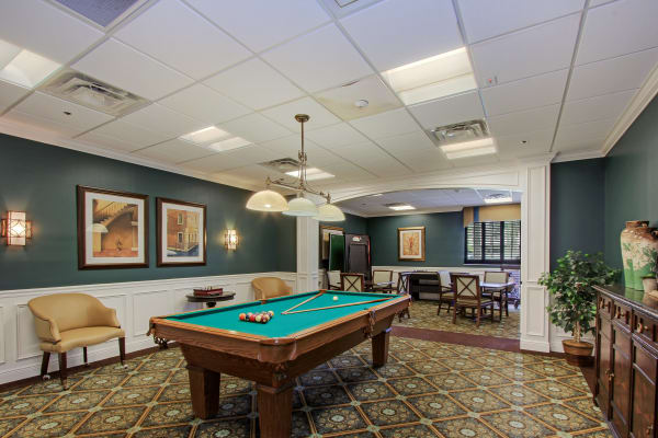 Billiards room at Merrill Gardens at Barkley Place in Fort Myers, Florida. 