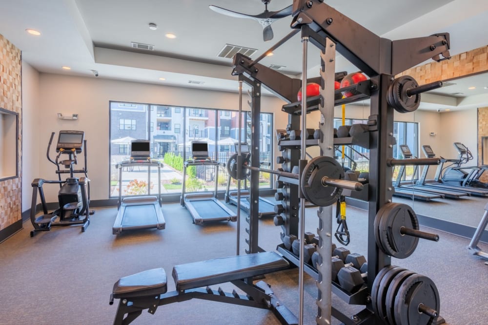 New fitness center with weight equipment at Sonderly at The Concourse in Charlotte, North Carolina