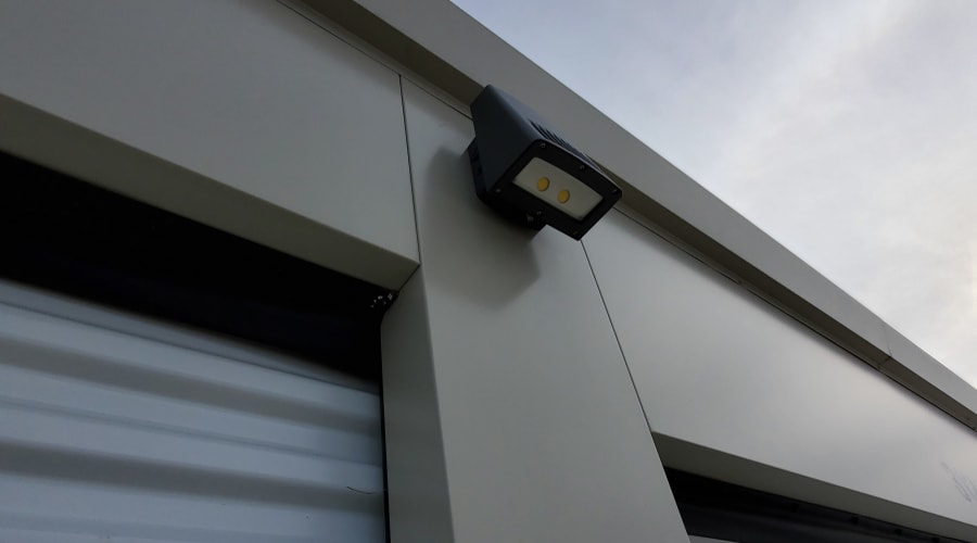 Motion-activated lighting outside storage units at KO Storage of Albert Lea in Albert Lea, Minnesota