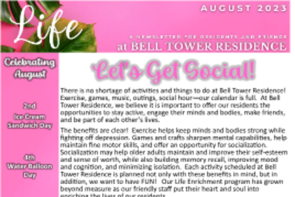 August 2023 Newsletter at Bell Tower Residence Assisted Living in Merrill, Wisconsin