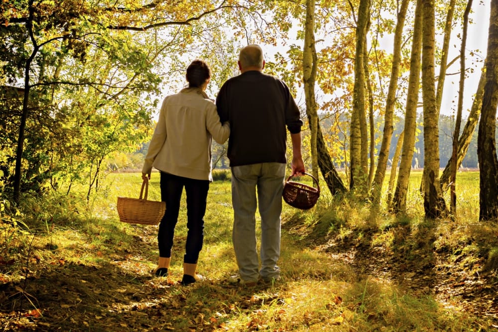 Residents walking through the woods near Fox Hollow Independent and Assisted Living in Bend, Oregon