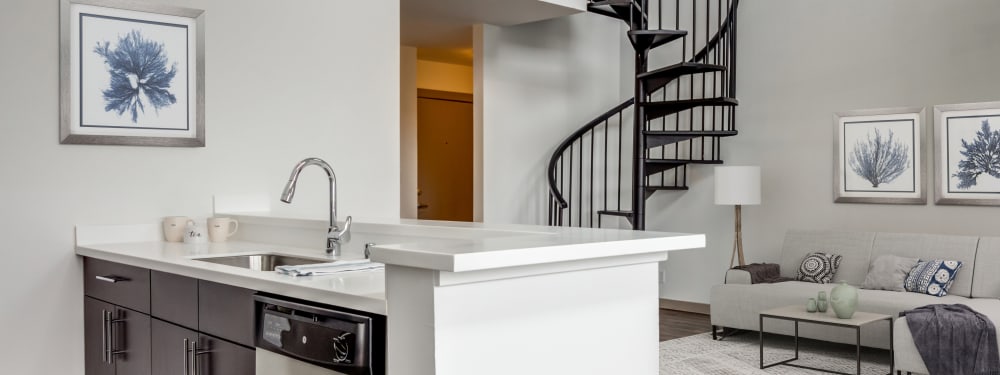 Beautiful countertops and a spiral staircase at Elan 41 Apartments in Seattle, Washington