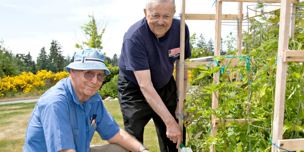 Residents tending to the garden at Patriots Landing in DuPont, Washington.