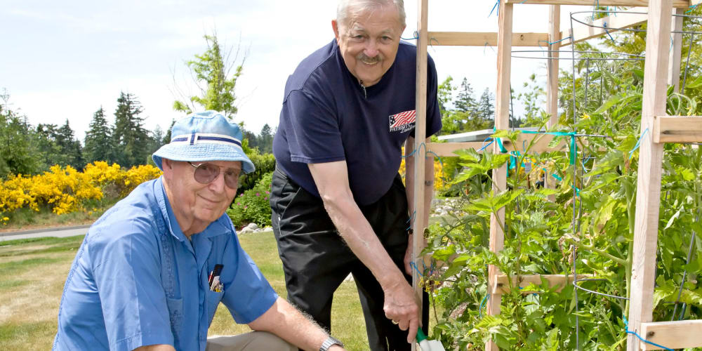 Residents tending to the garden at Patriots Landing in DuPont, Washington. 