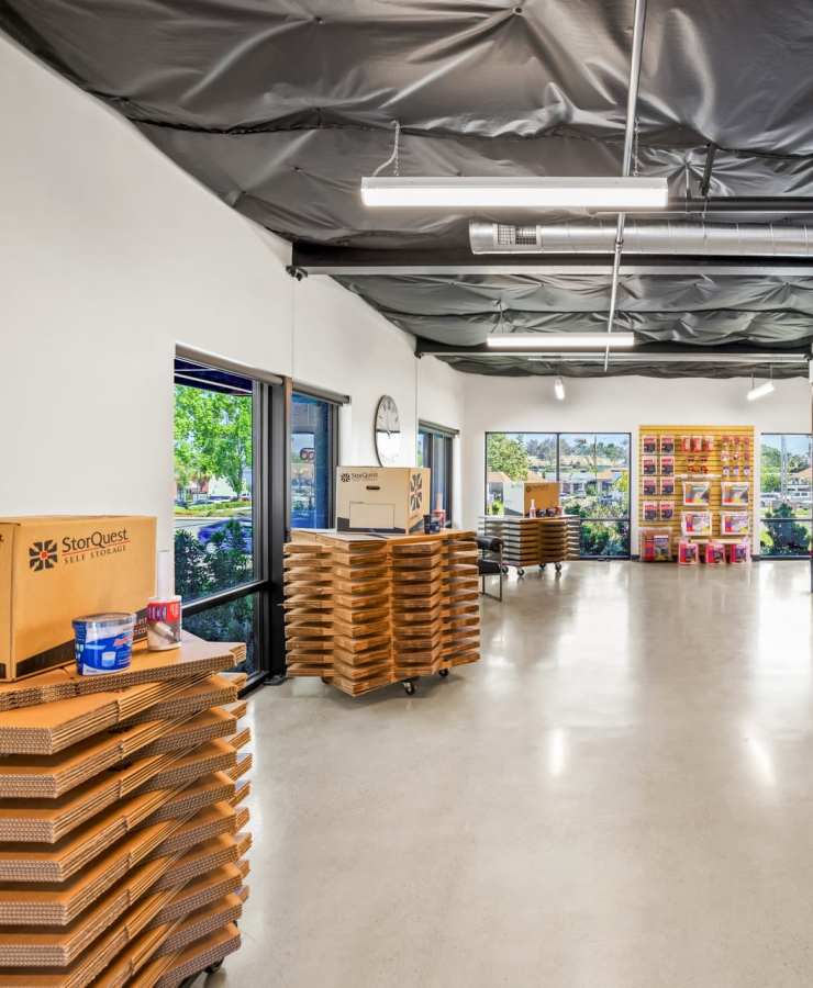 Packing supplies available in the leasing office at StorQuest Self Storage in Encinitas, California