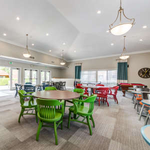 Clubhouse with recreation area and comfortable seating for residents at The Villas at Rowland Heights in Rowland Heights, California