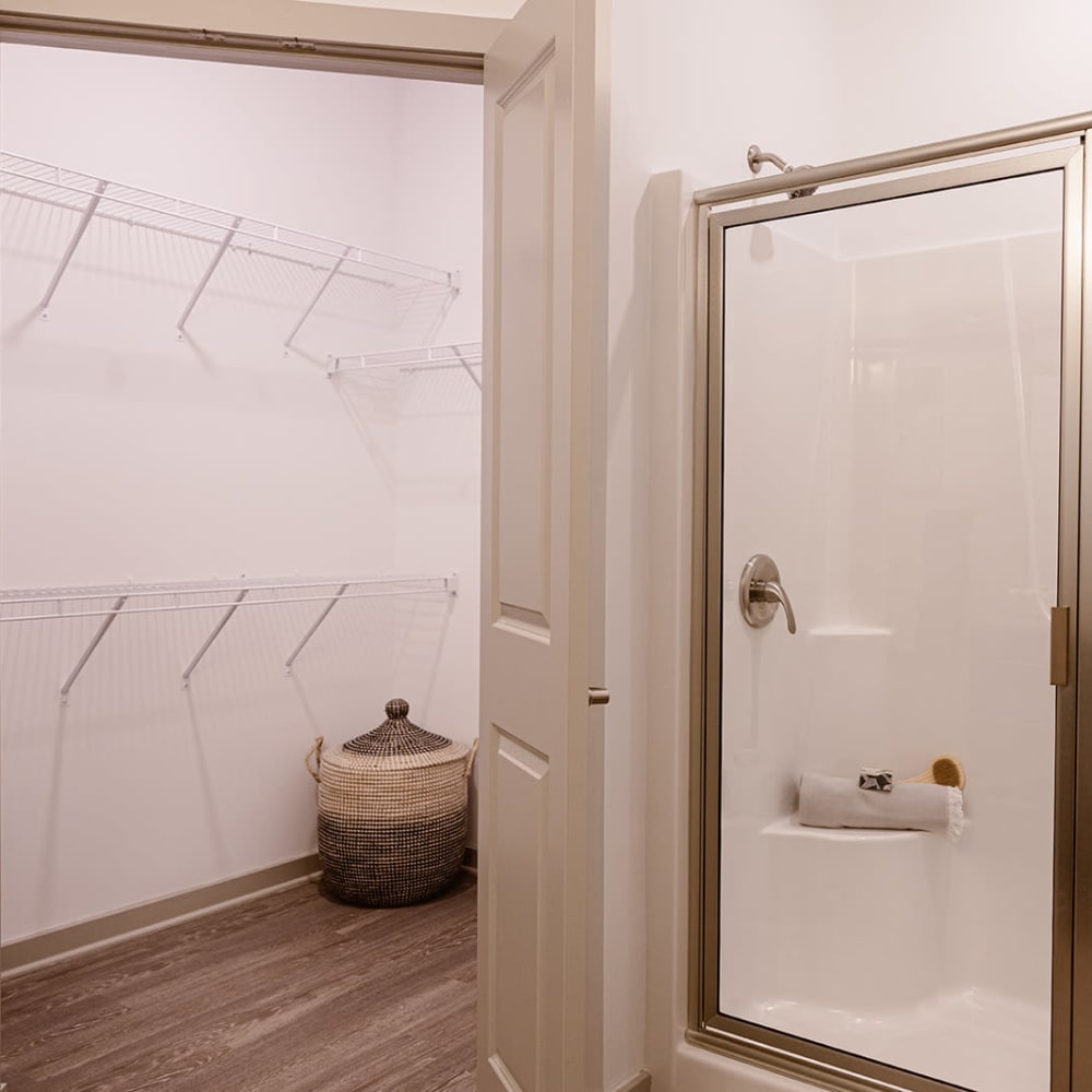 Bathroom and closet at Center West Apartments in Midlothian, Virginia