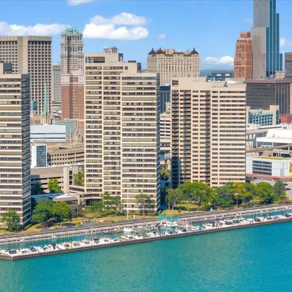 Aerial view of the community building at Riverfront Towers in Detroit, Michigan