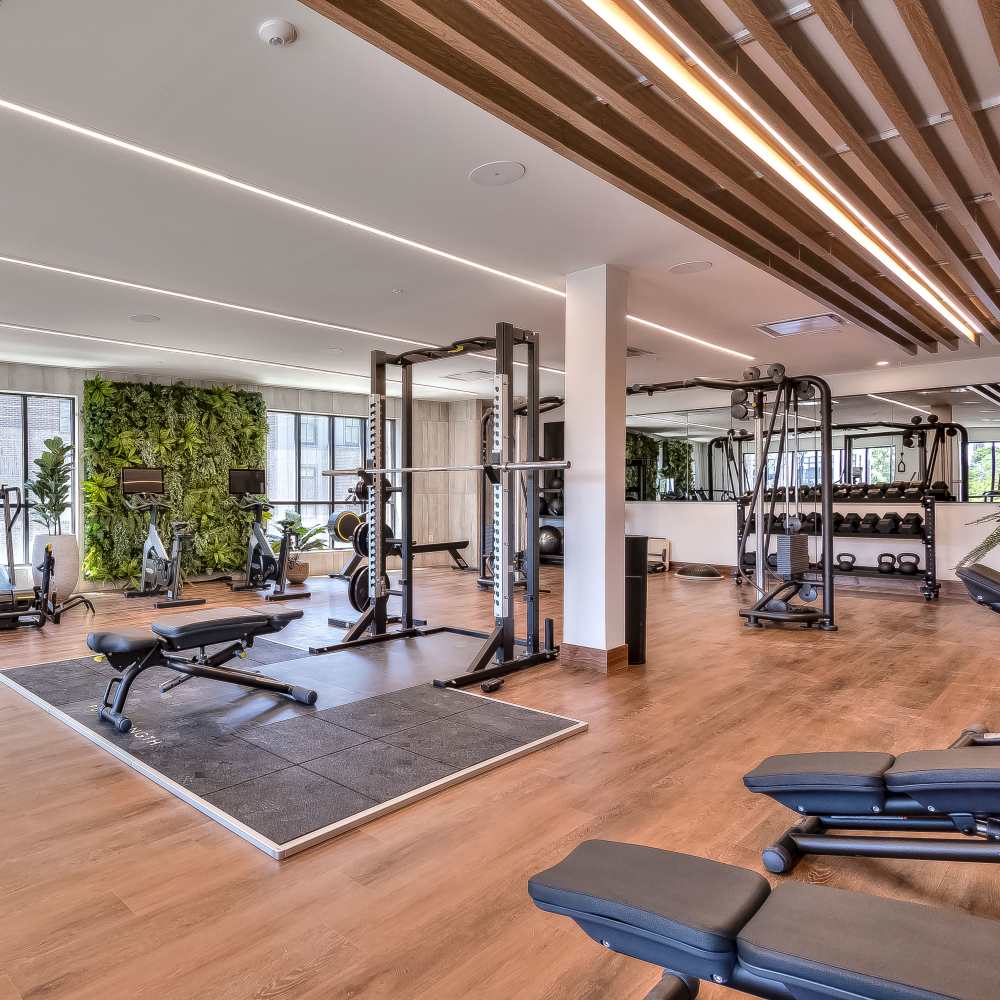 Modern gym with fitness equipment and vibrant green wall at Green|House Columbus in Columbus, Ohio
